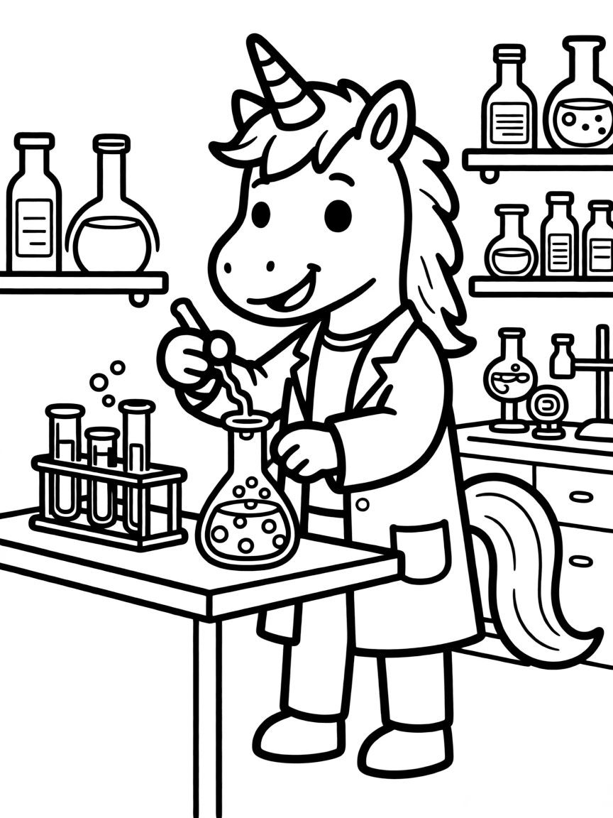 Unicorn scientist mixing colorful potions in test tubes