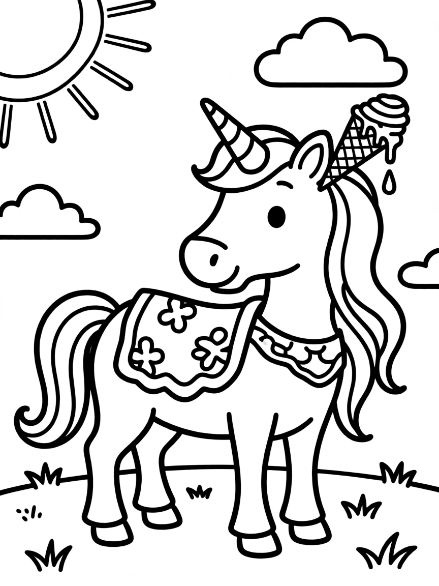 Unicorn with ice cream cone horn melting in the sun
