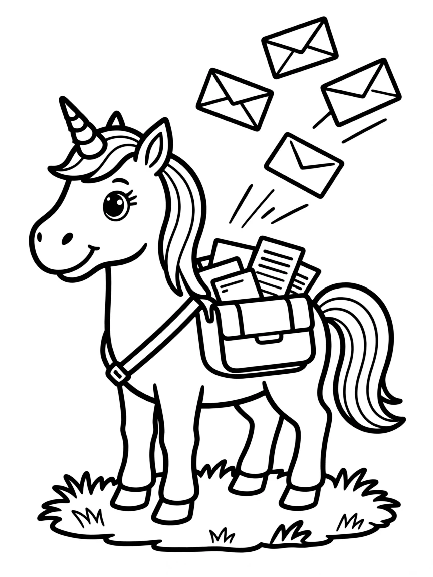 Postal unicorn delivering letters with a mailbag
