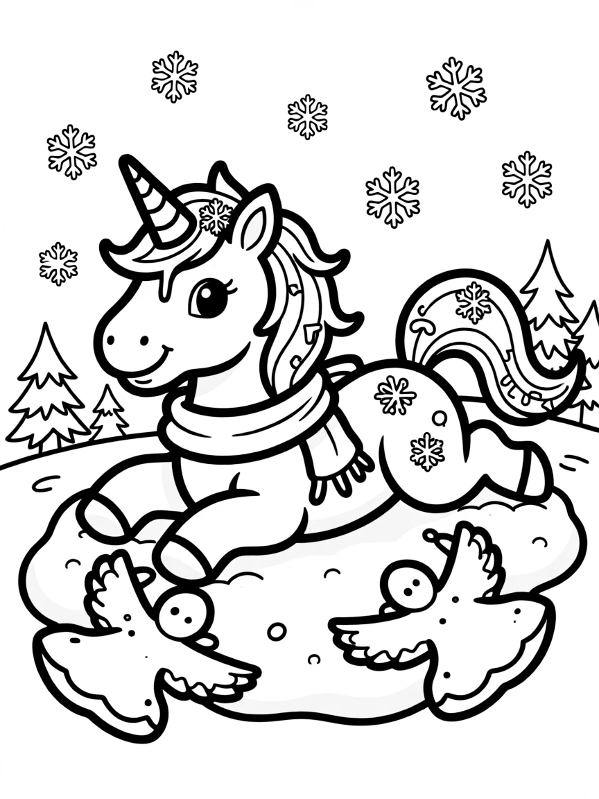 Winter unicorn making snow angels with its hooves and horn