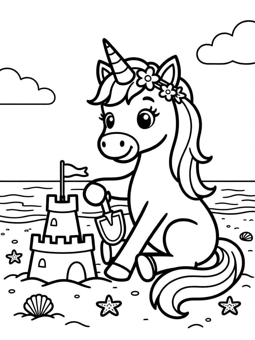 Beach unicorn building sandcastles with a tiny shovel