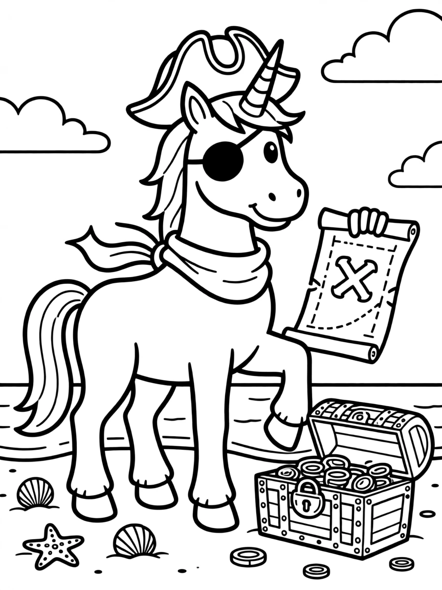 Pirate unicorn with an eye patch and treasure map