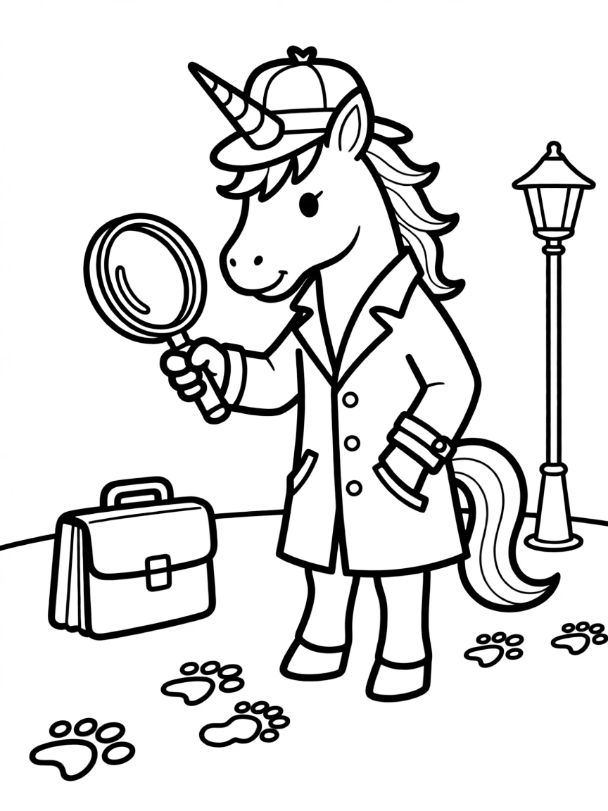 Detective unicorn with magnifying glass following footprints