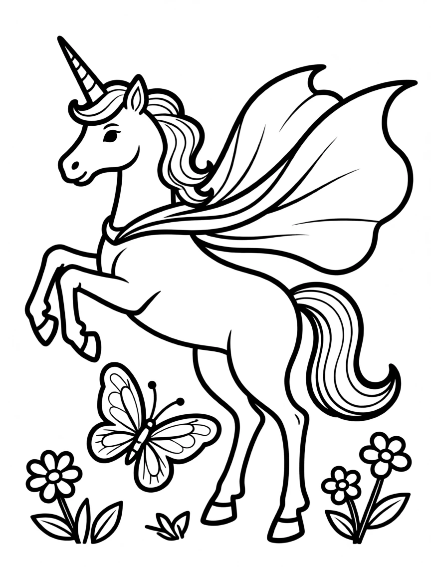 Superhero unicorn with a flowing cape saving a butterfly