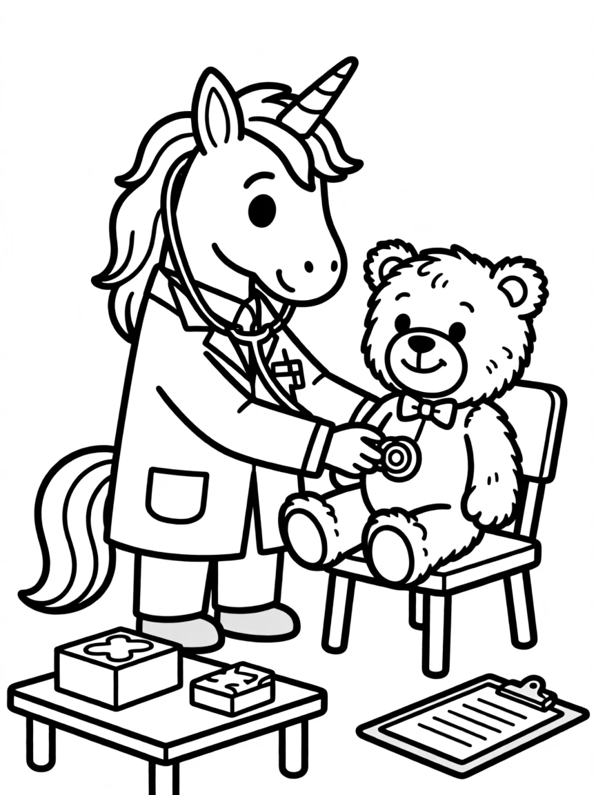 Doctor unicorn with stethoscope checking on patient teddy bear