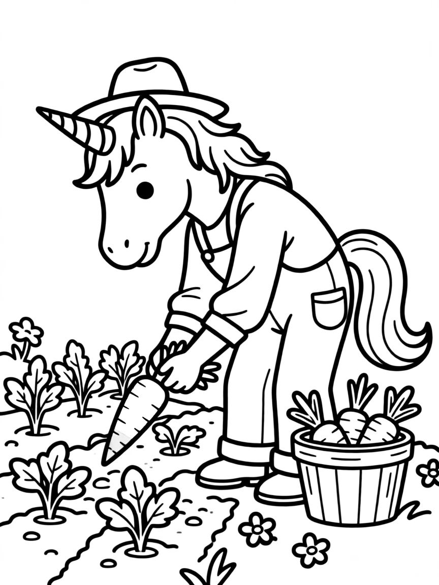 Farmer unicorn harvesting rainbow carrots