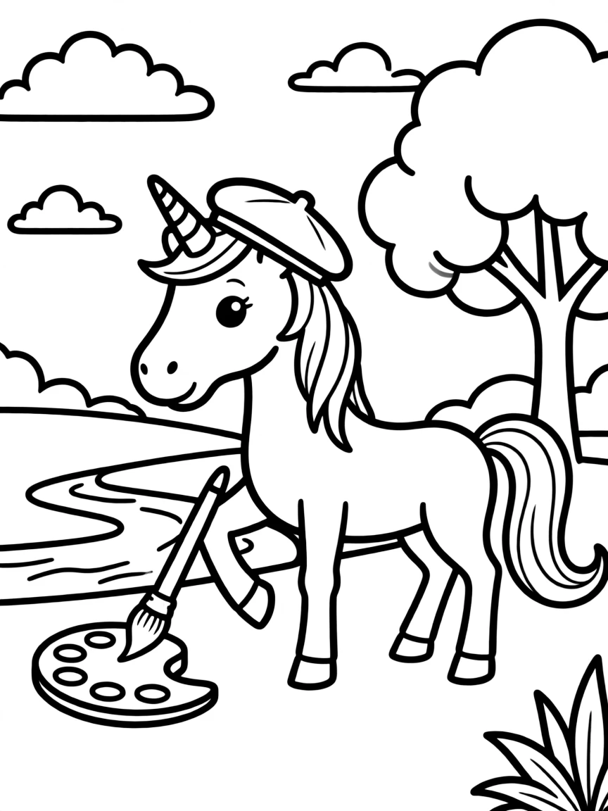 Artist unicorn painting a landscape with its tail