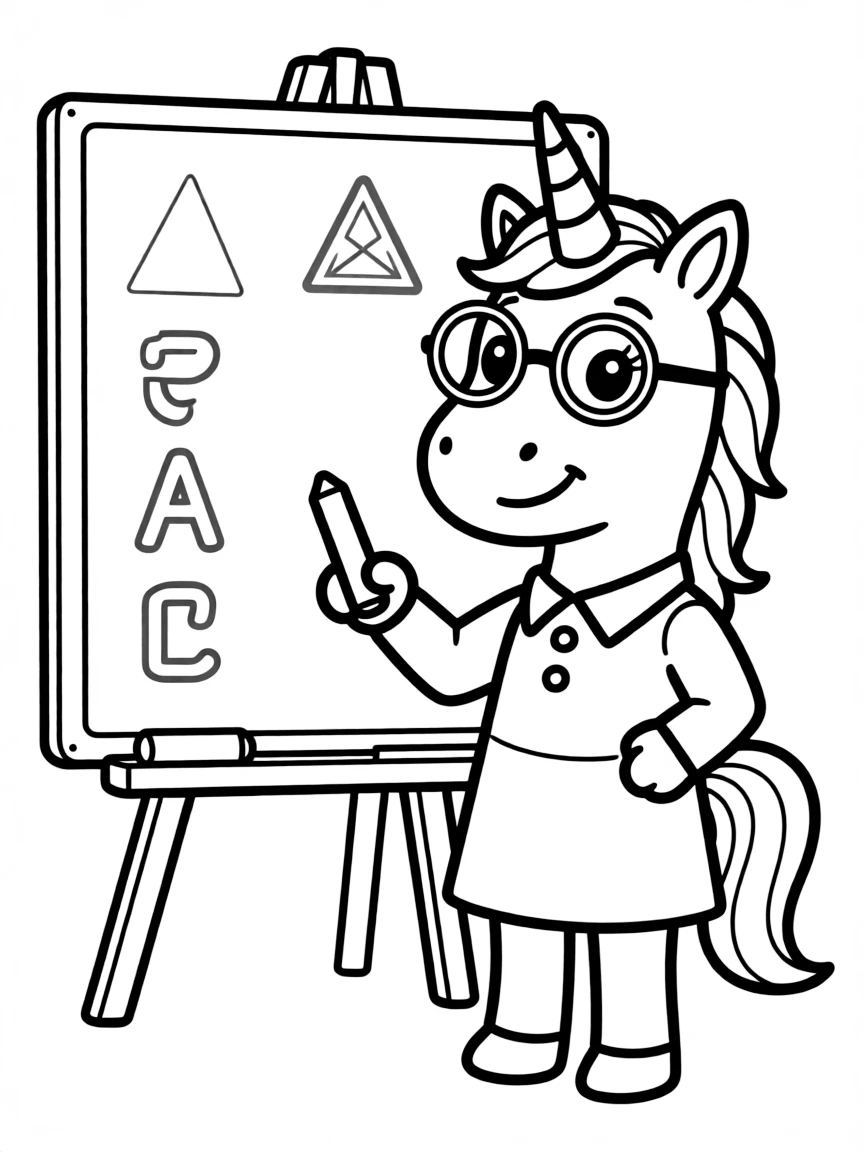 Teacher unicorn with glasses at a chalkboard