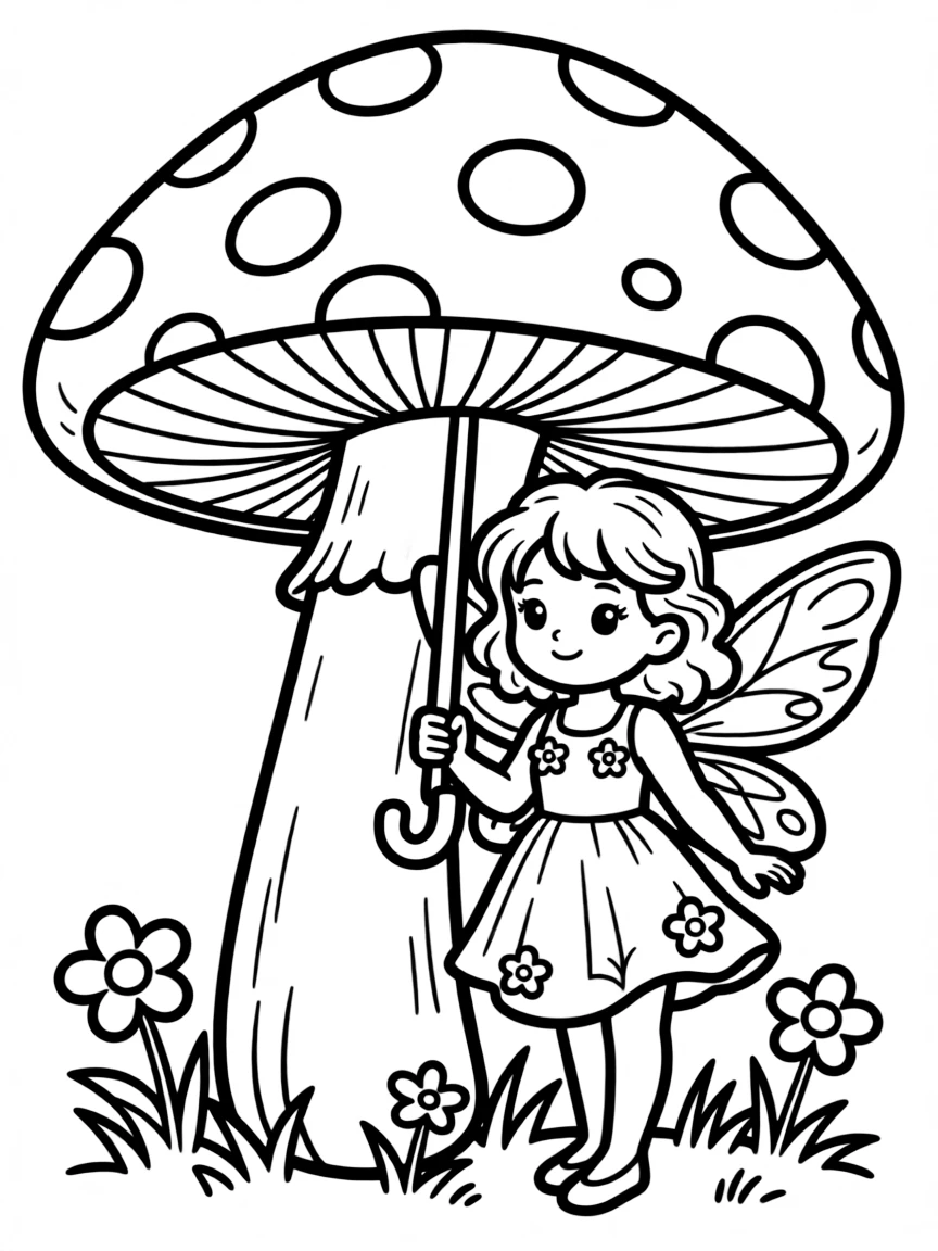Mushroom fairy using a toadstool as an umbrella