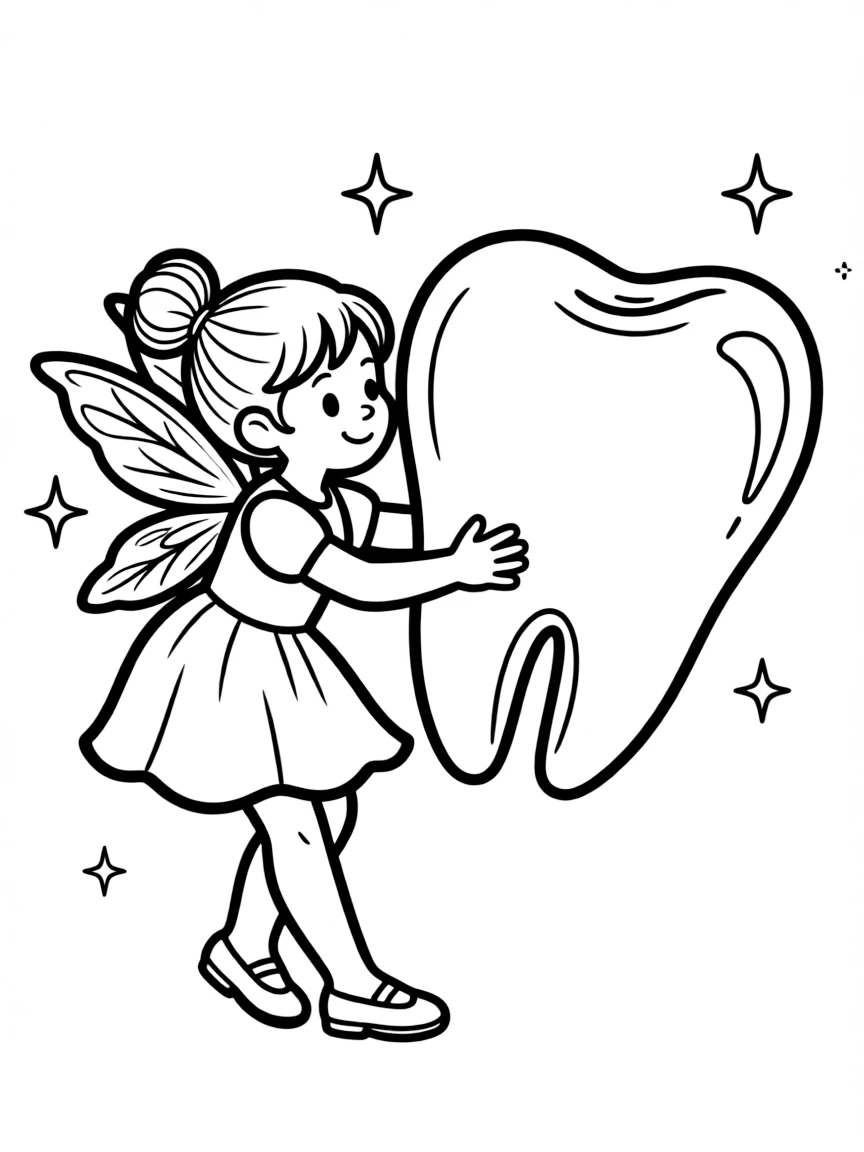 Tooth fairy struggling to carry an oversized tooth