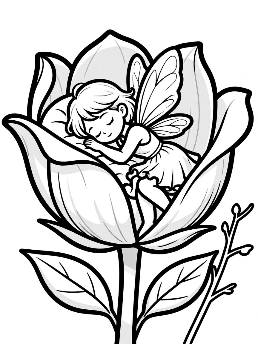 Sleepy fairy nestled in a flower bud as a bed