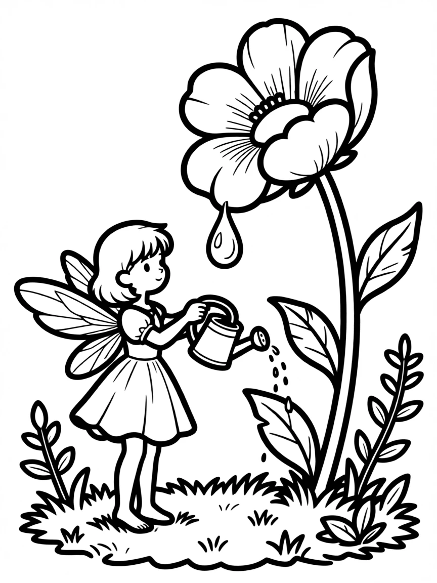 Garden fairy watering oversized flowers with a dewdrop