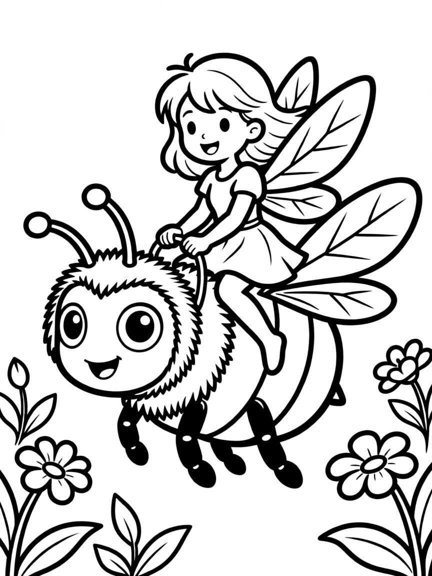 Fairy riding a bumblebee like a horse