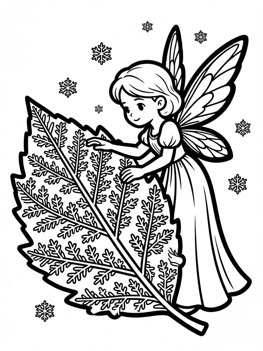 Winter fairy creating frost patterns on a leaf