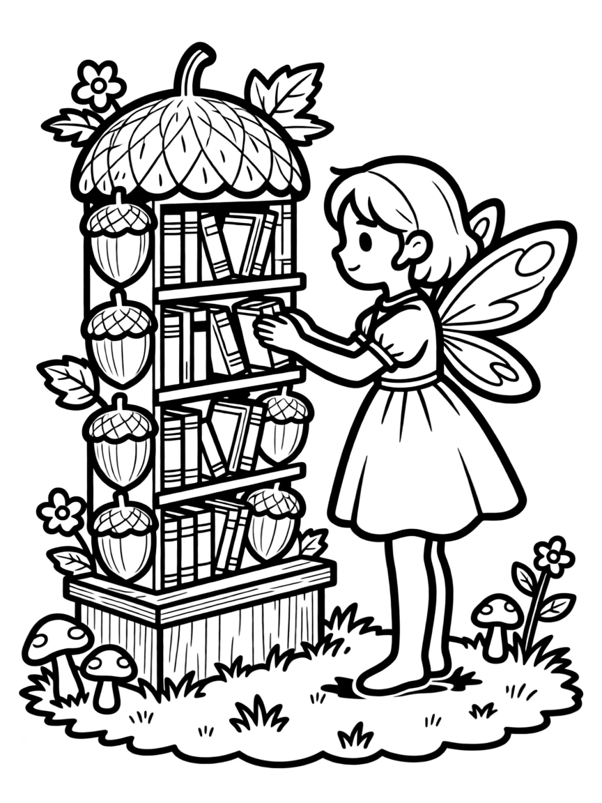 Librarian fairy organizing bookshelf made of acorn caps