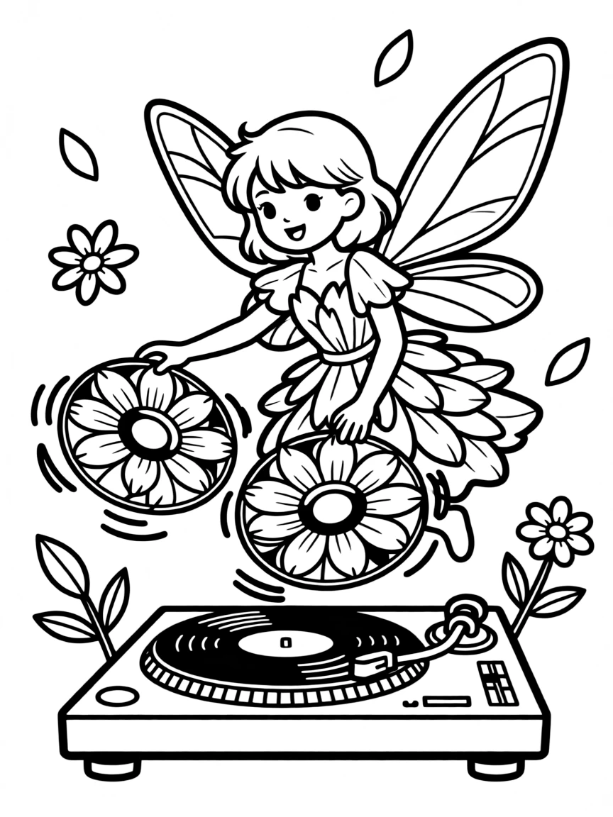 Fairy DJ spinning records made of flower petals
