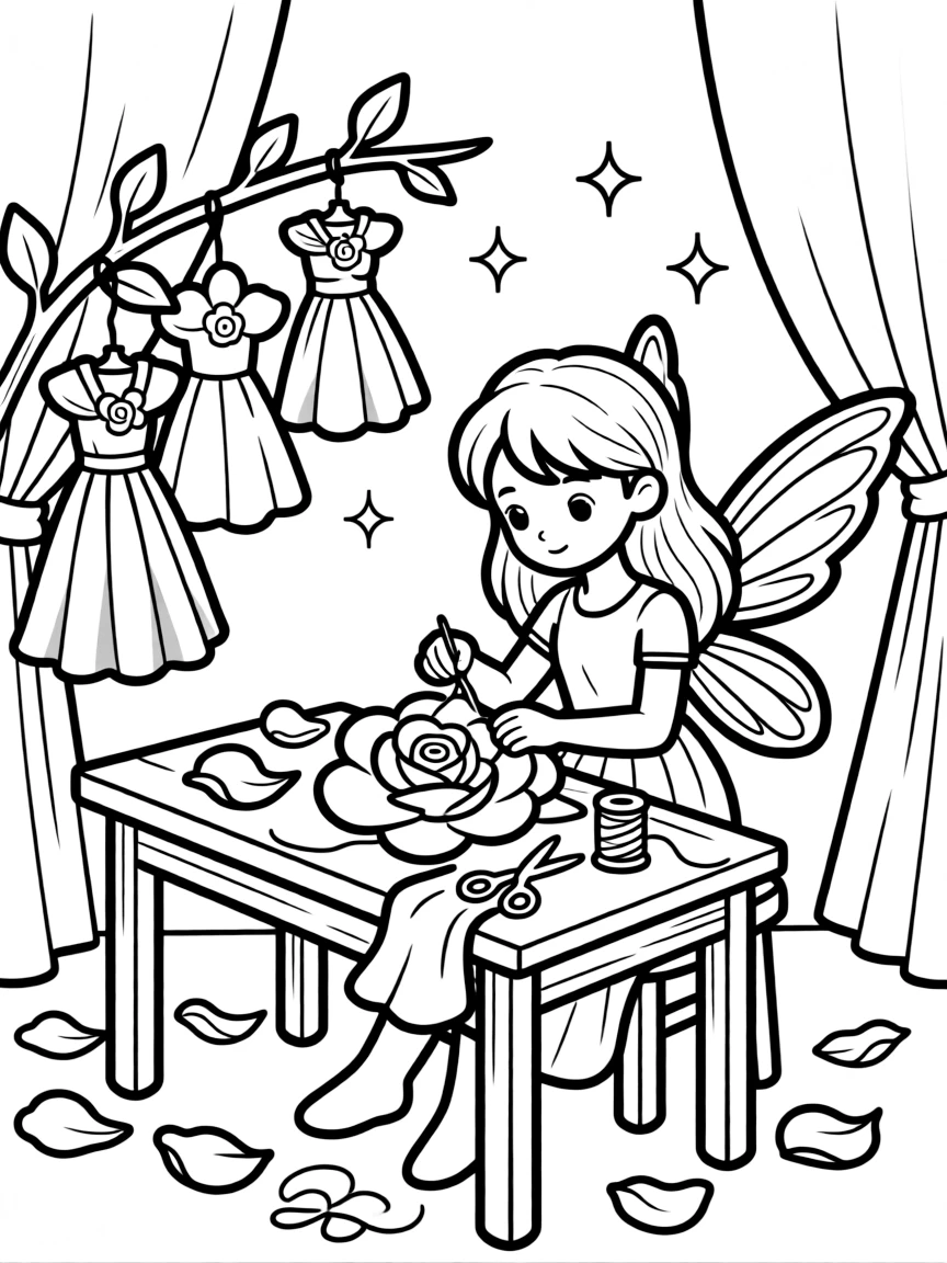 Fashion designer fairy sewing clothes from rose petals