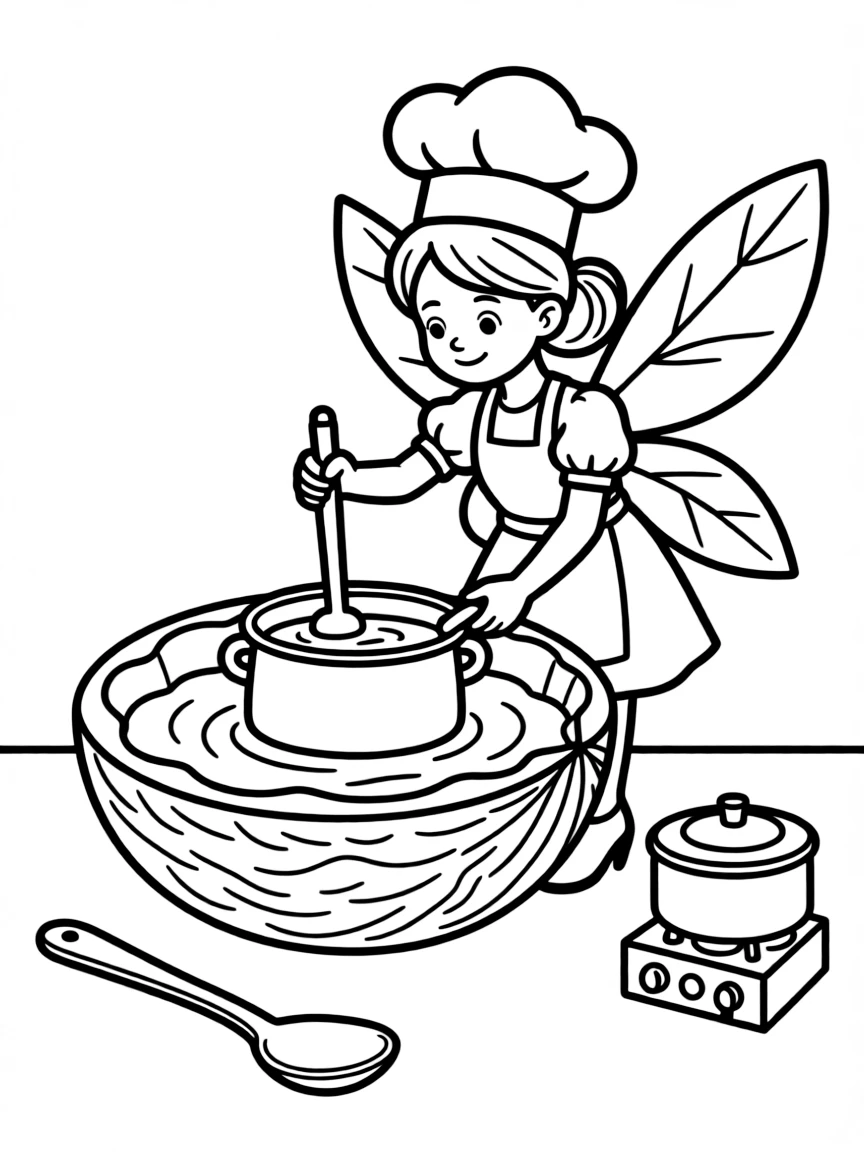 Chef fairy cooking soup in a walnut shell