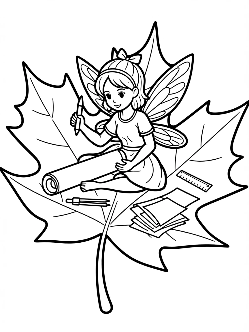 Architect fairy drawing blueprints on a maple leaf