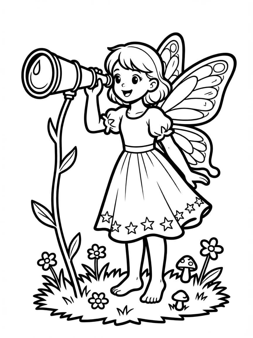 Astronomer fairy looking through a dewdrop telescope