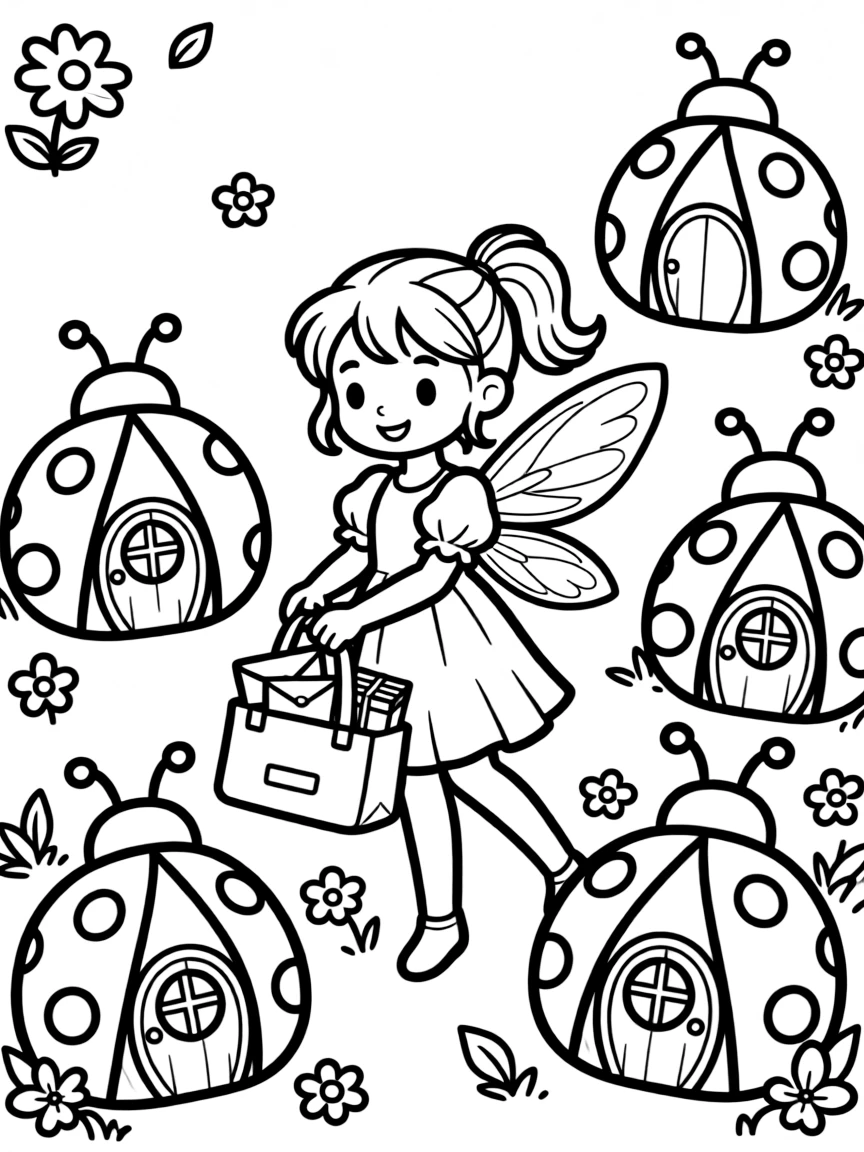 Postal fairy delivering mail to ladybug houses