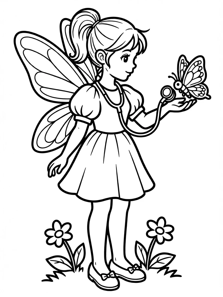Doctor fairy with stethoscope listening to butterfly's heartbeat