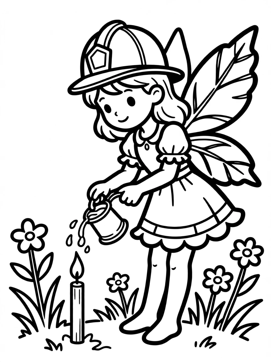 Firefighter fairy putting out match with thimble of water