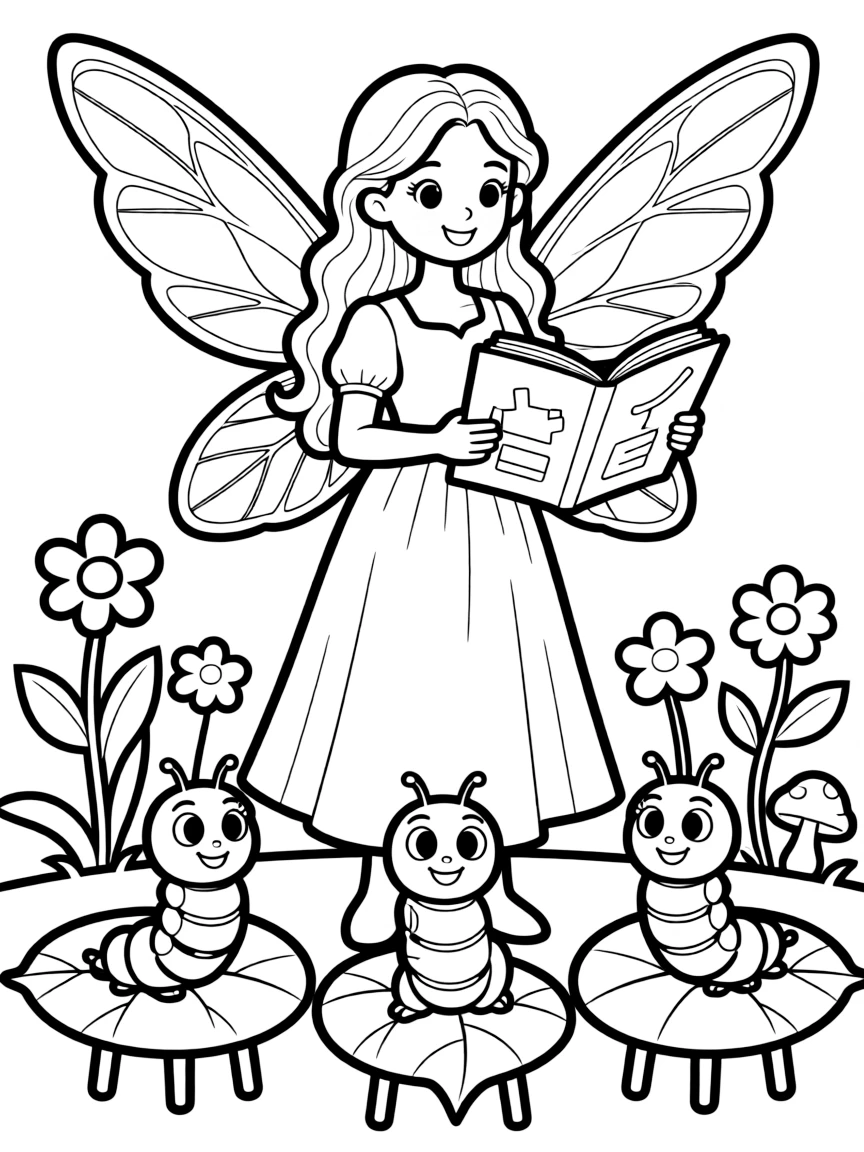 Teacher fairy giving lessons to baby caterpillars
