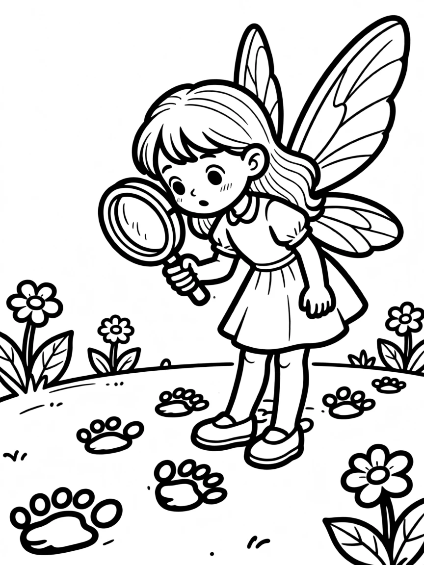 Detective fairy inspecting mysterious footprints with magnifying glass