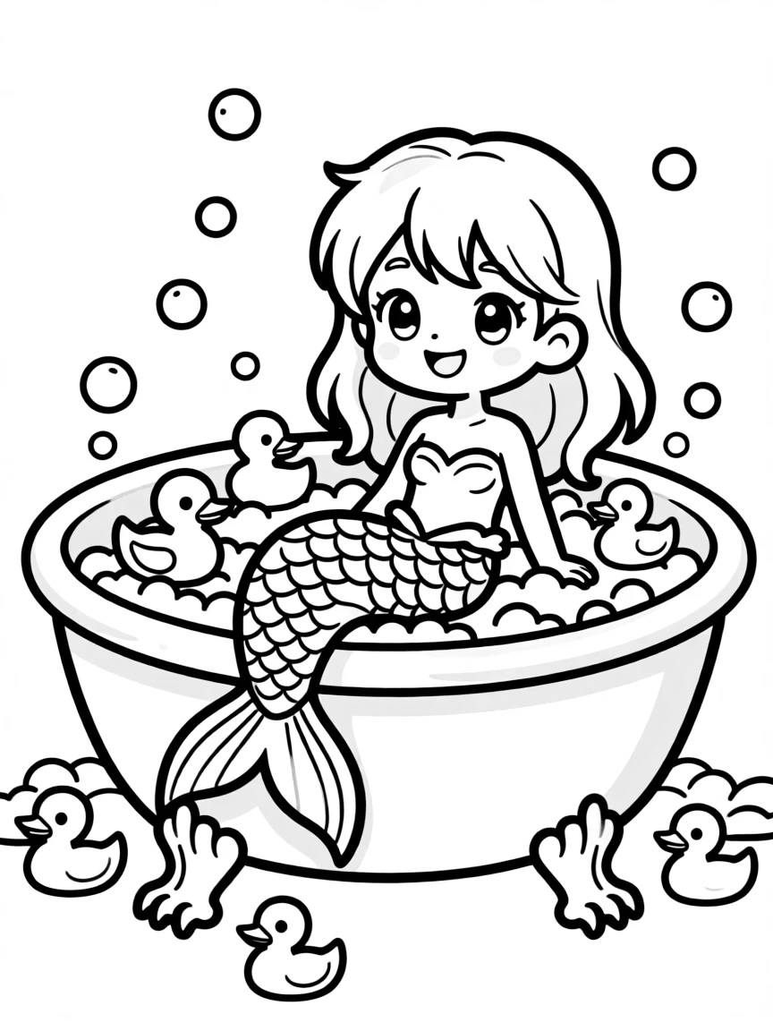 Chibi mermaid in a bathtub playing with rubber duckies
