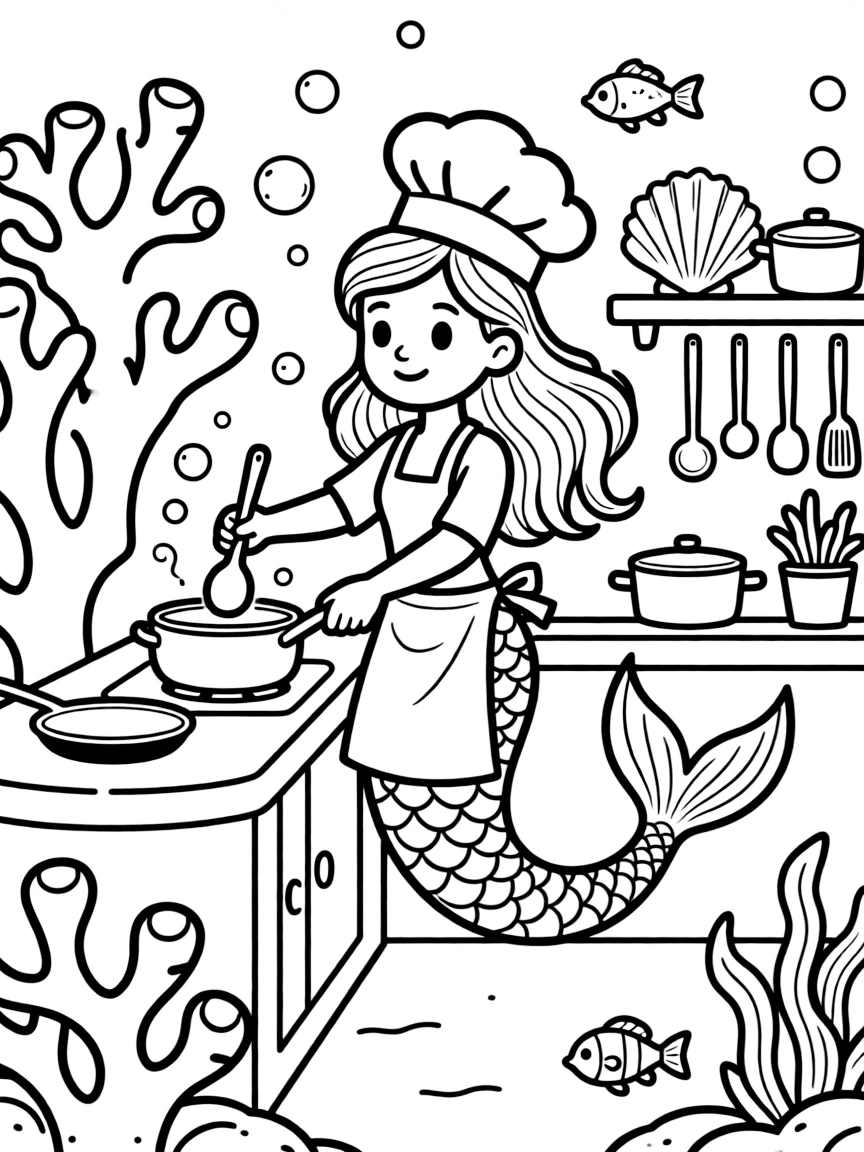Mermaid chef cooking underwater in a coral kitchen