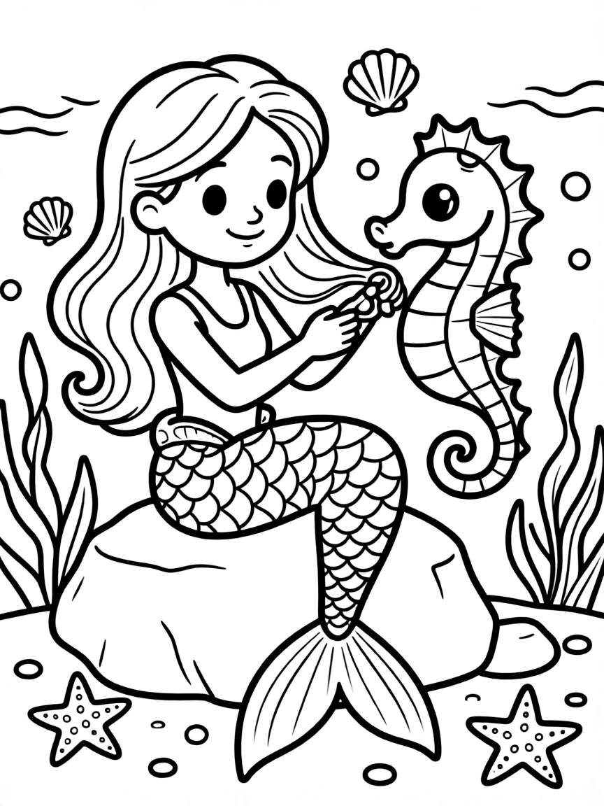 Mermaid hairdresser styling a sea horse's mane