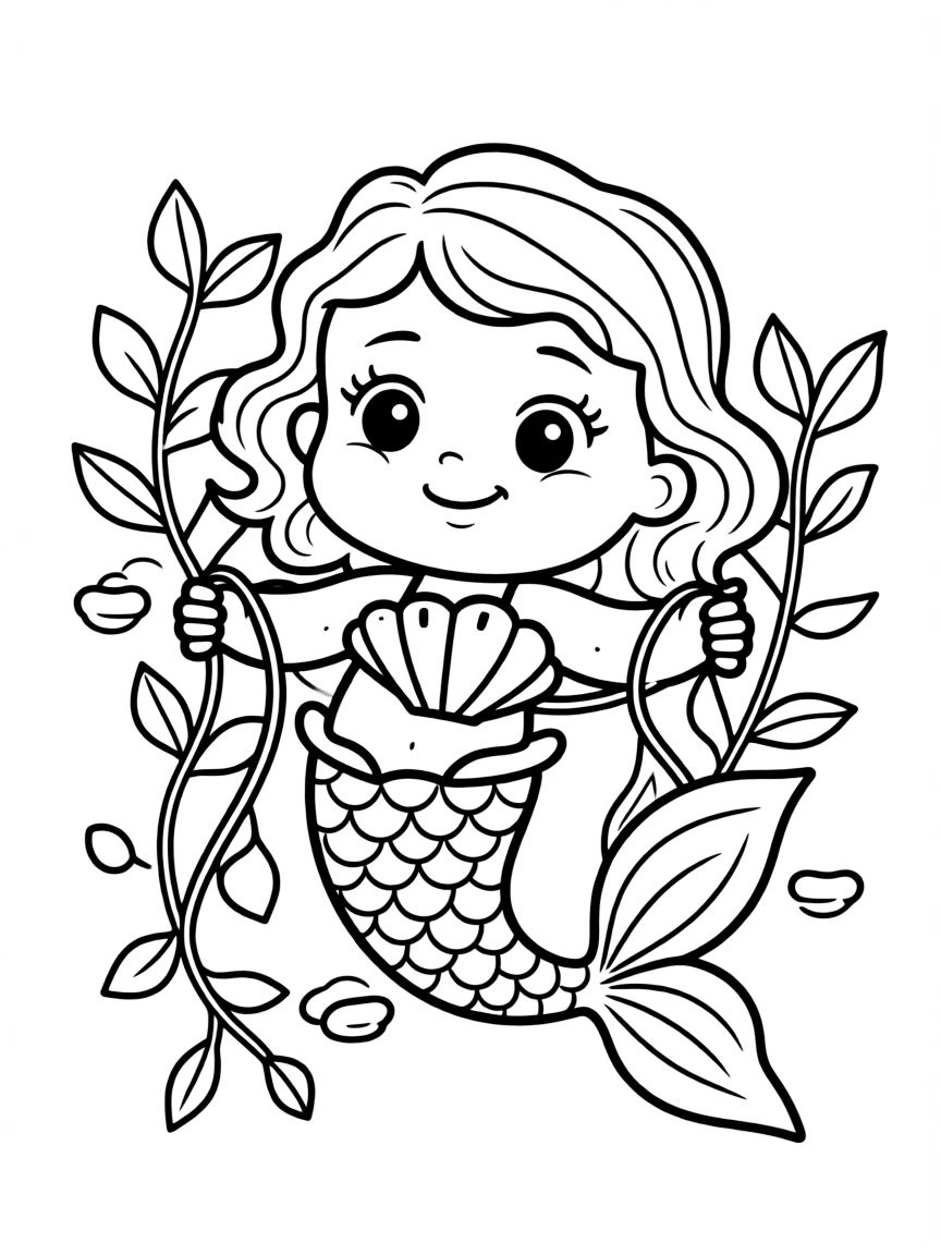 Baby mermaid tangled in seaweed trying to swim