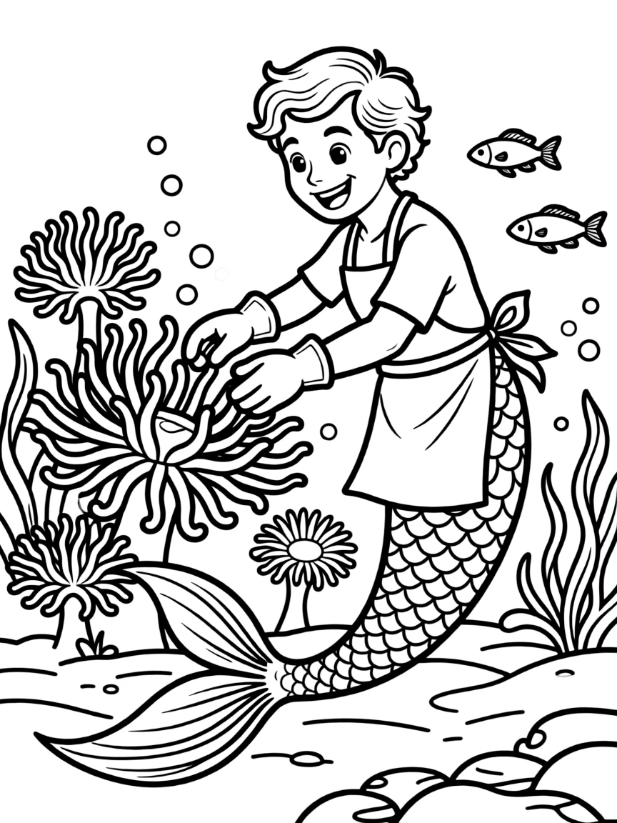 Merman gardener tending to sea anemone garden