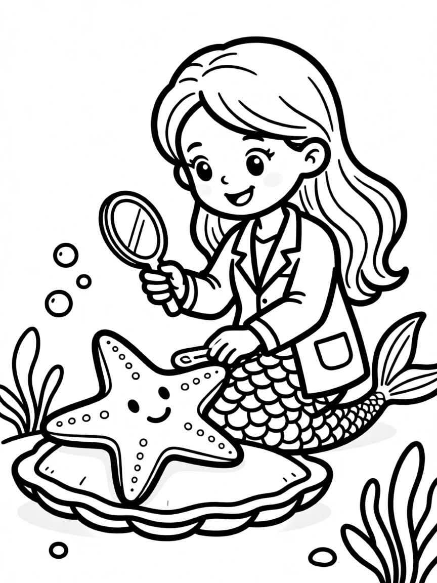 Mermaid doctor checking starfish patient's temperature