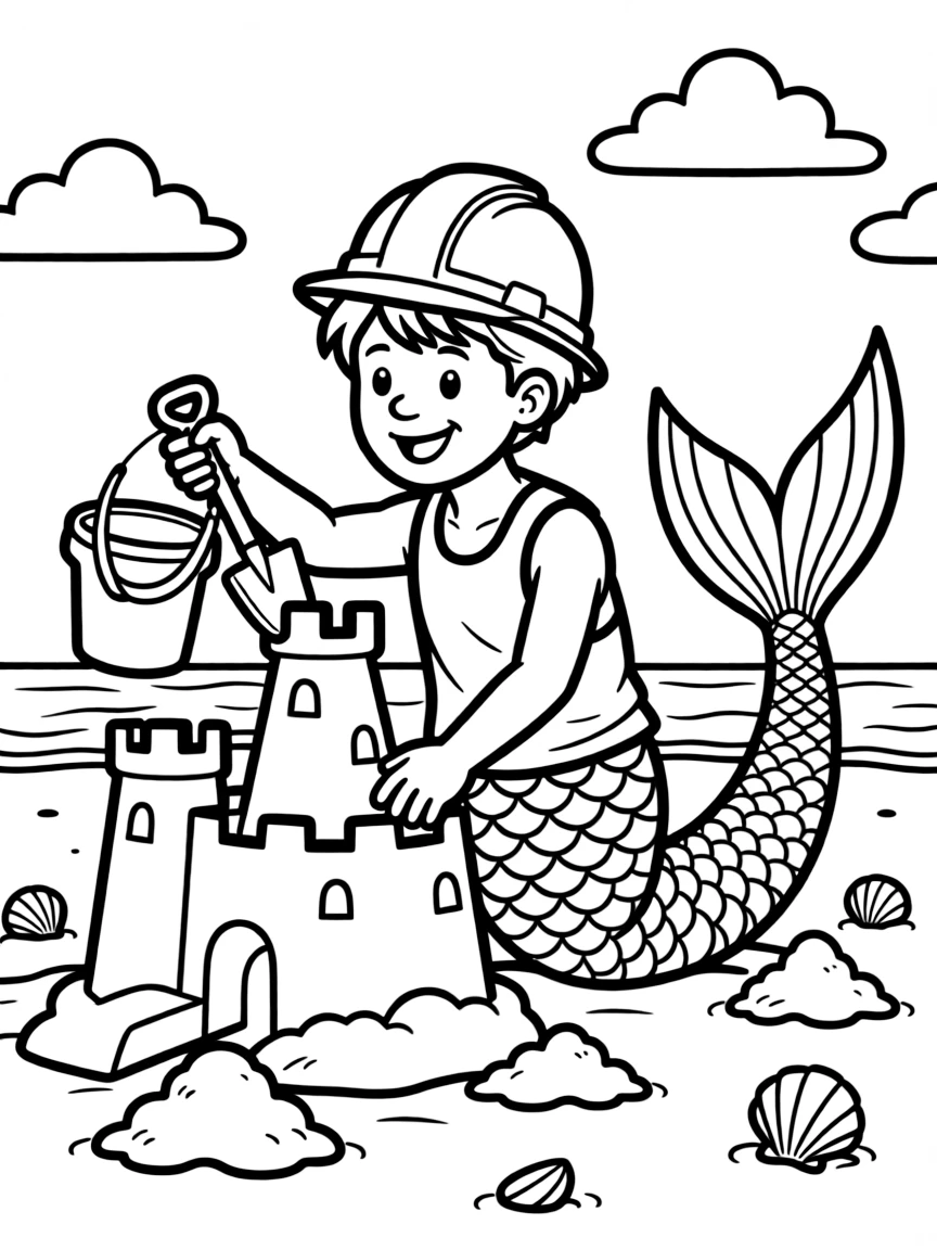 Merman construction worker building a sand castle