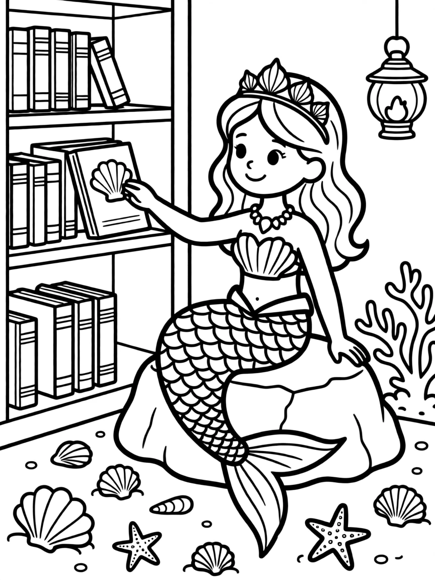 Mermaid librarian organizing shell book collection