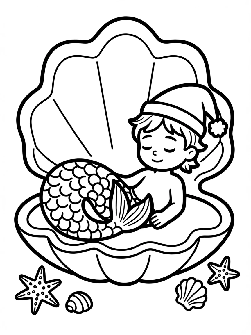 Sleepy merman in a clam shell bed with nightcap