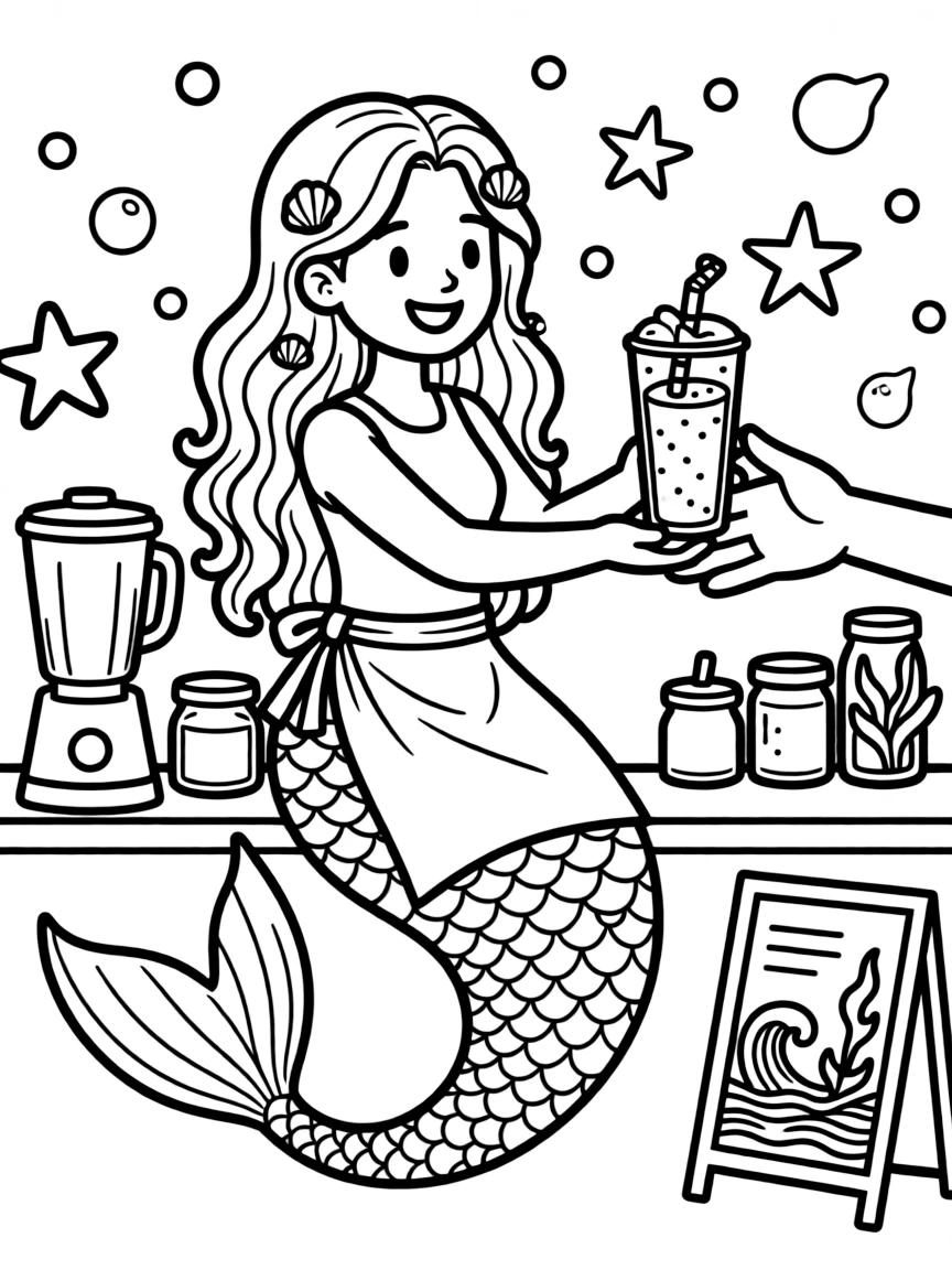 Mermaid barista serving seaweed smoothies