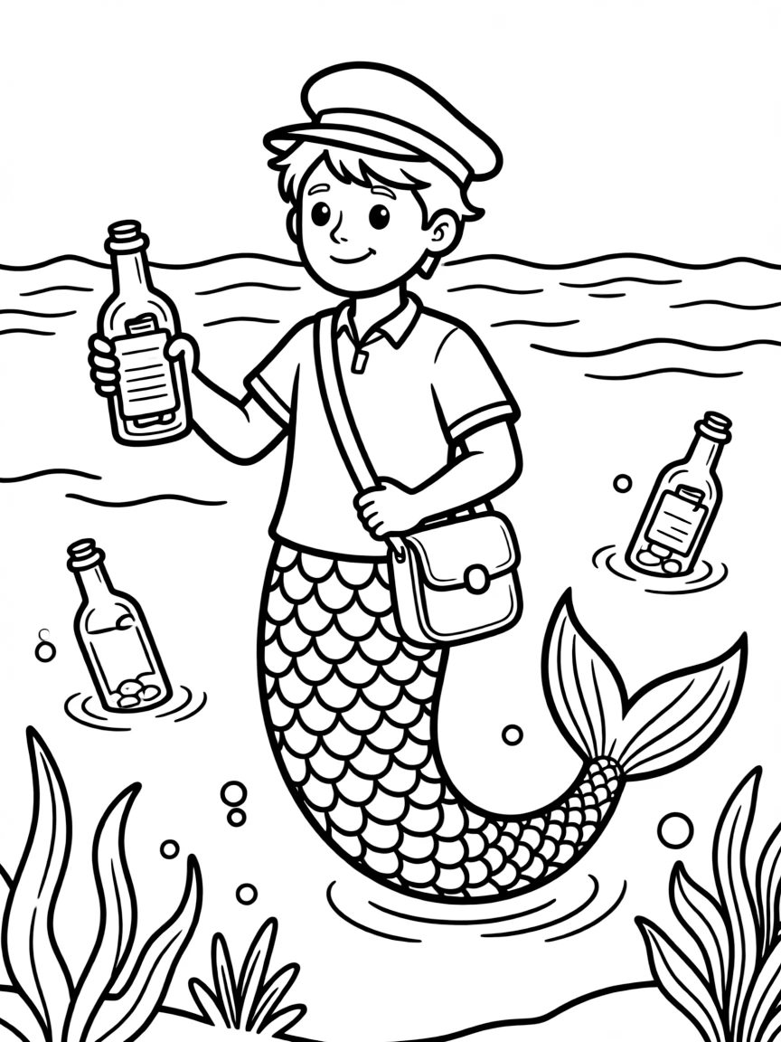 Merman mailman delivering messages in bottles