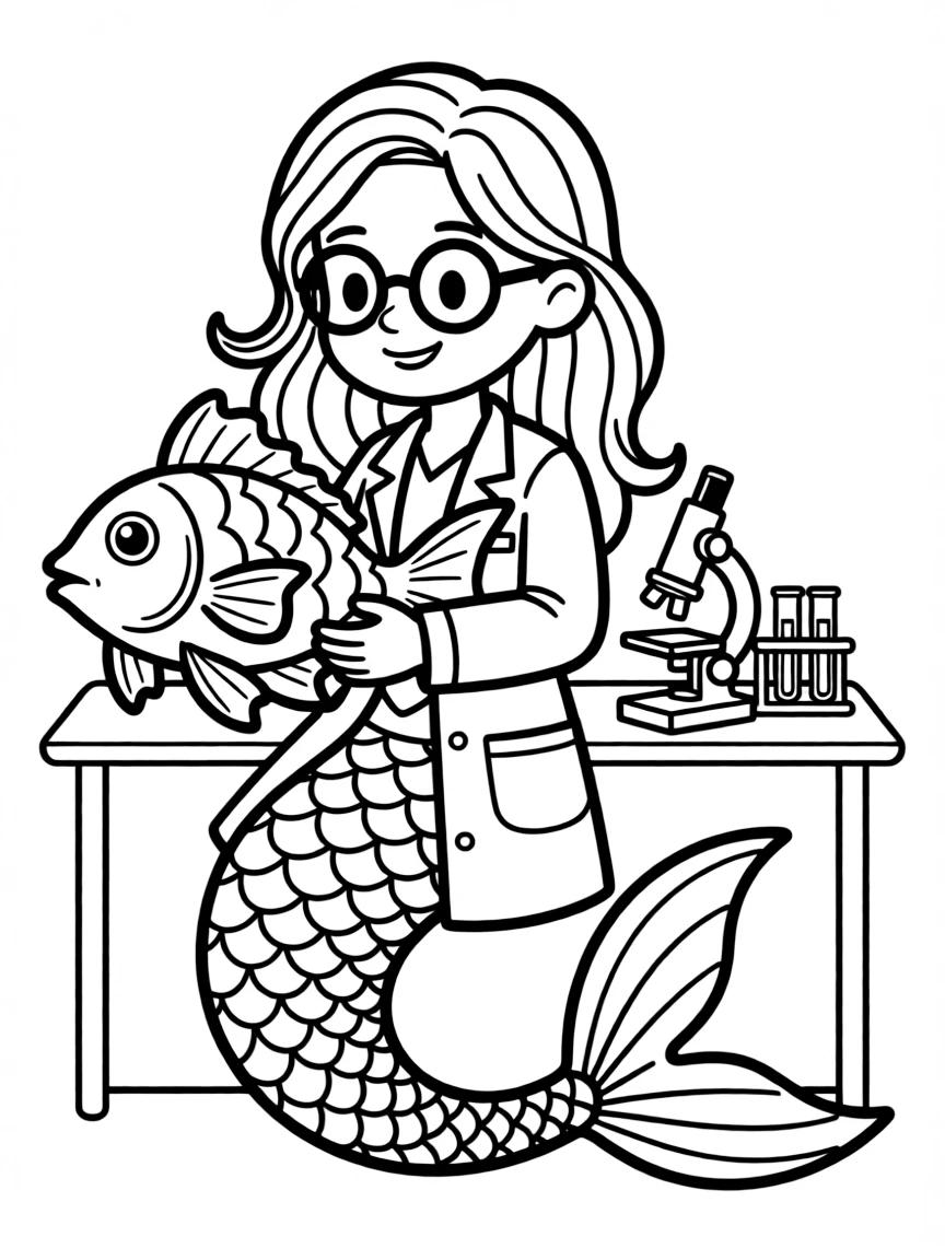 Mermaid scientist in lab coat studying unusual fish