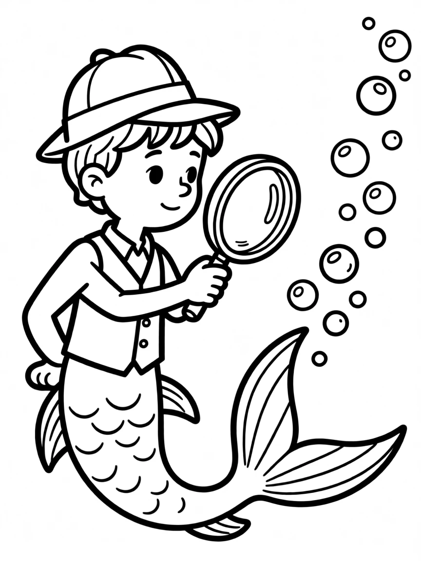 Merman detective with magnifying glass following bubble trails