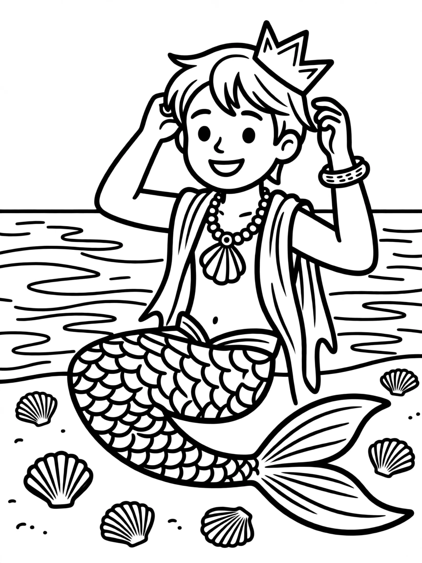 Fashionable merman trying on different shell accessories