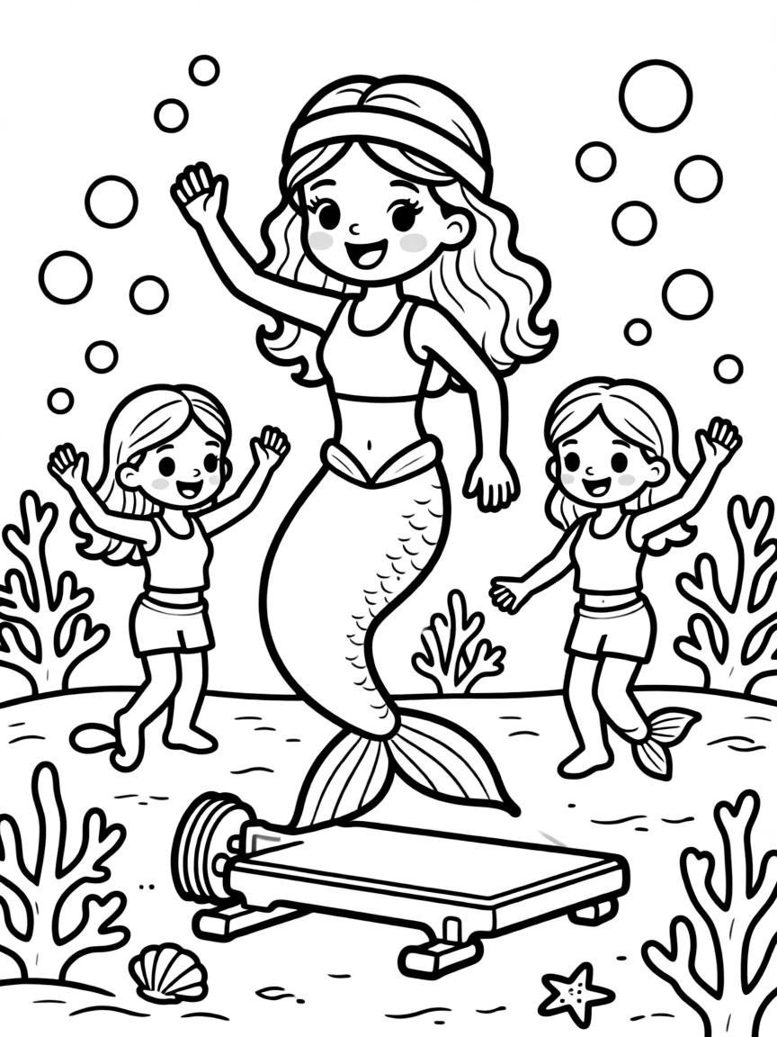 Mermaid fitness instructor leading a coral aerobics class