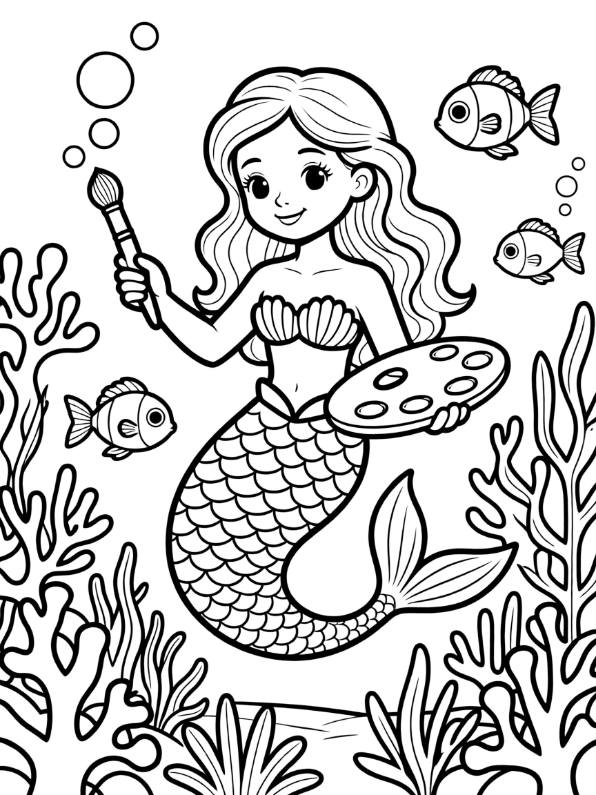 Mermaid artist painting underwater coral landscapes