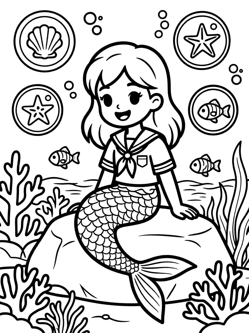 Mermaid scout earning badges for underwater skills
