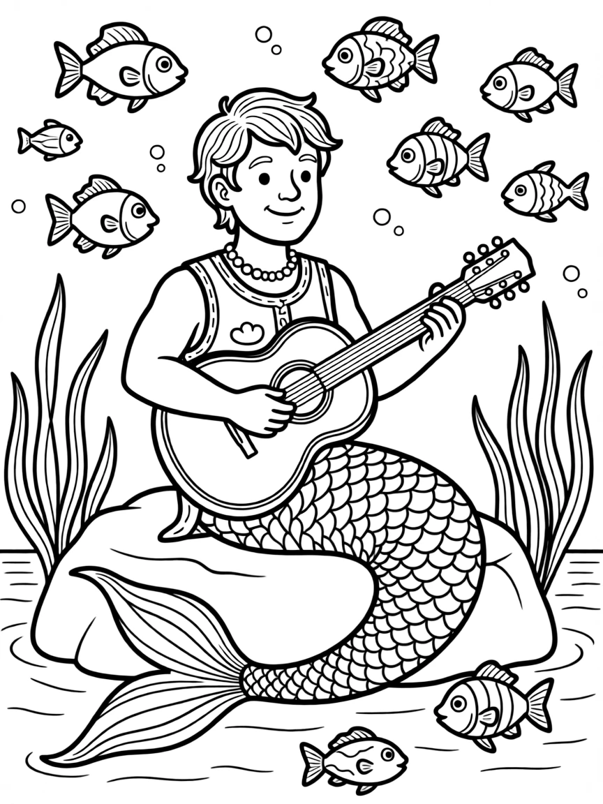 Merman musician playing a shell-guitar to fish audience