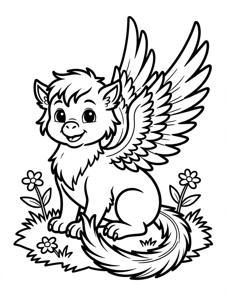 Baby griffin getting tangled in its own wings and tail