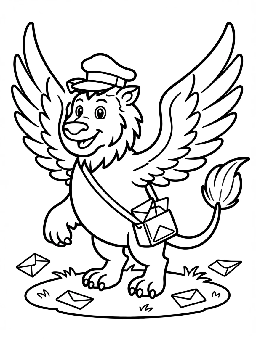 Griffin mail carrier with a tiny mailbag delivering letters