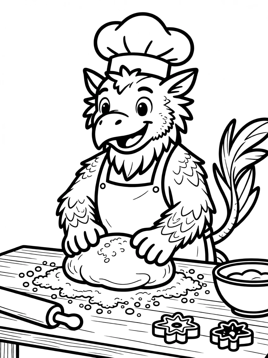 Griffin baker with flour-dusted feathers kneading dough